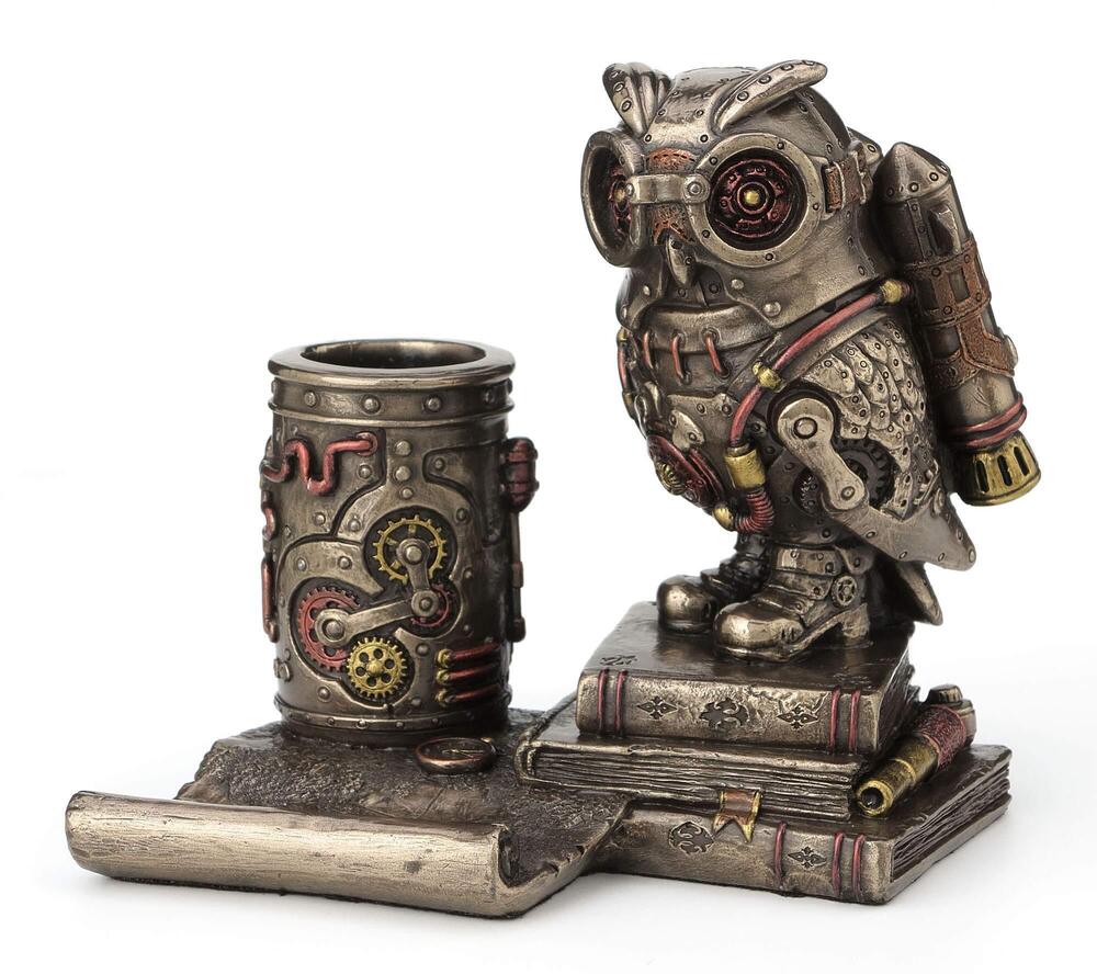 6399 5 1/4 Inch Steampunk Owl Cell Phone Holder Pen Holder Resin Sculpture